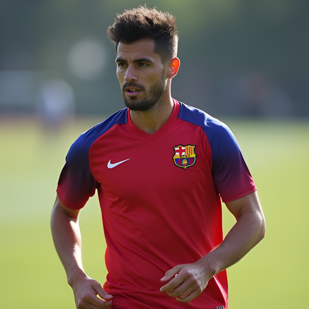 A portrait shot of Alejandro Balde in a Barcelona training kit, looking determined and focused, perhaps doing a drill or stretching, with a blurred training ground in the background