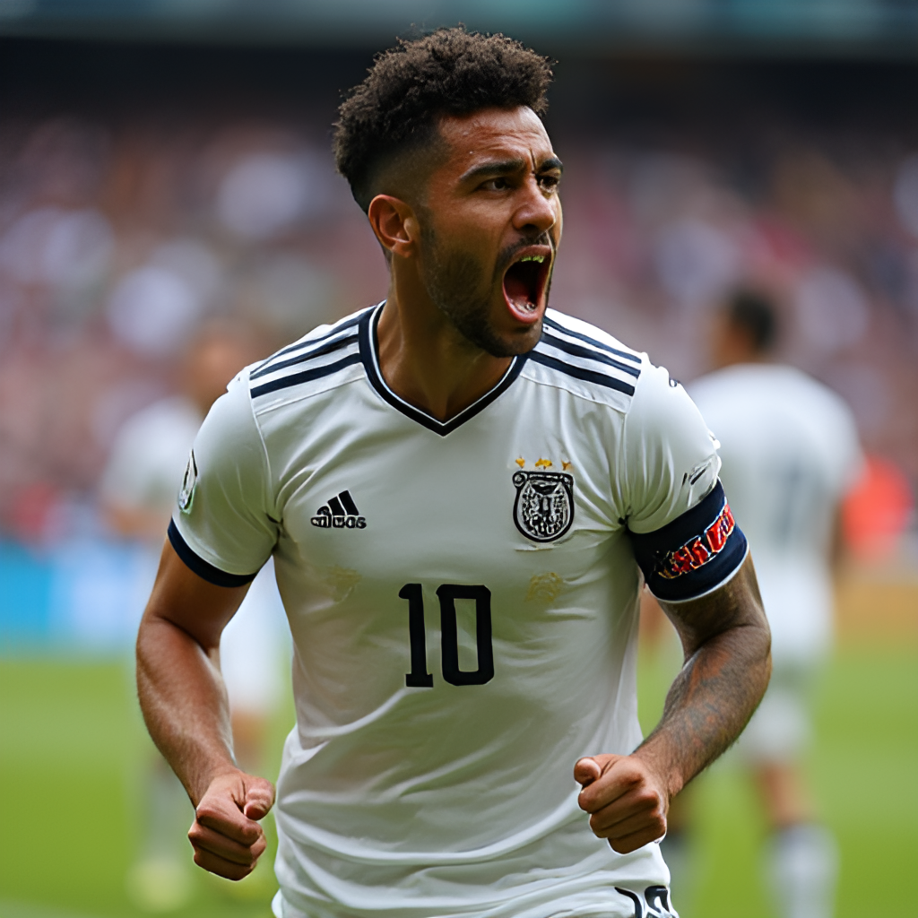 A close-up portrait of Pedro Neto looking determined on the field, perhaps celebrating a goal or assist, showing his focus and passion for the game.