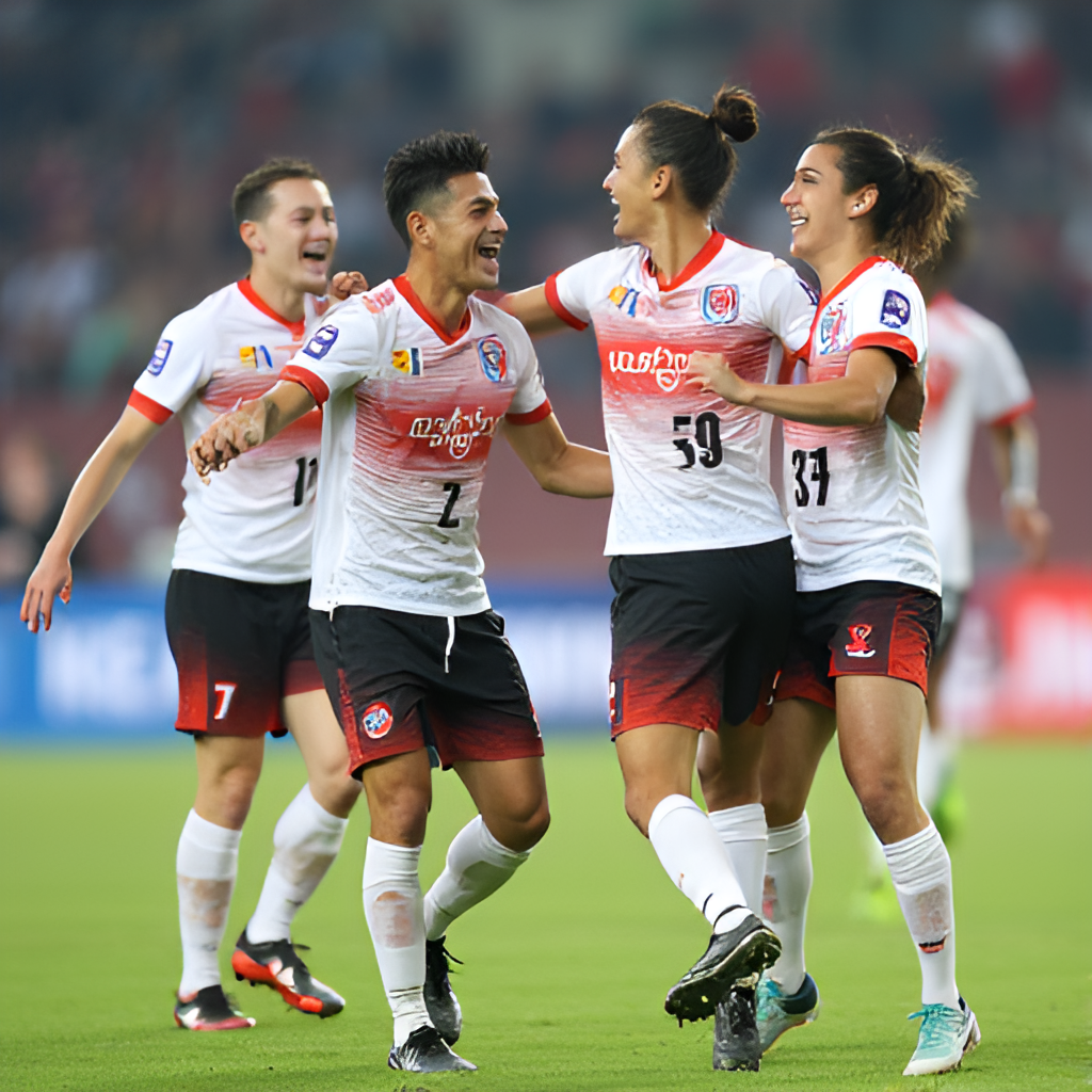 A dynamic action shot of Gwangju FC players celebrating a goal during a K League 1 match, showing their energy and teamwork on the field.
