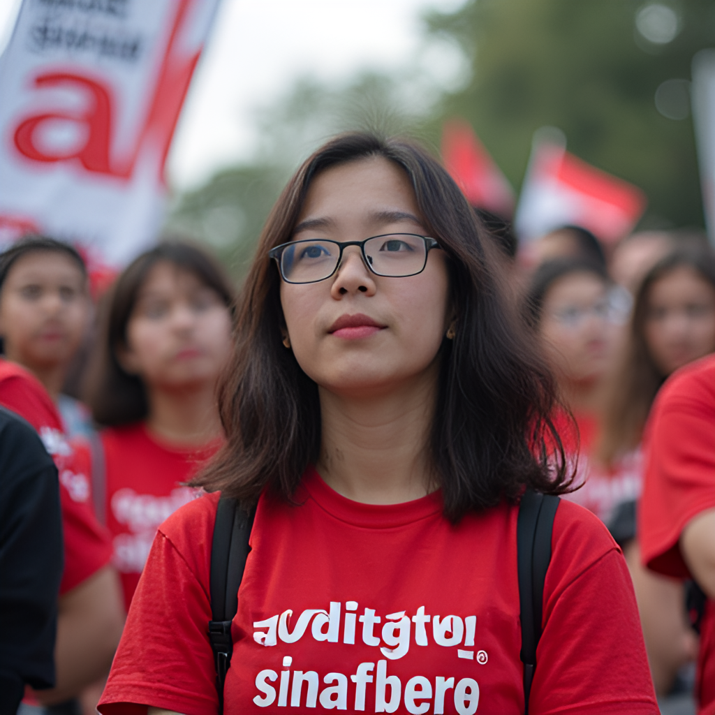 A photo of young Singaporean people attending a political rally, showing engagement and interest in alternative political voices, with banners of an opposition party visible in the background.