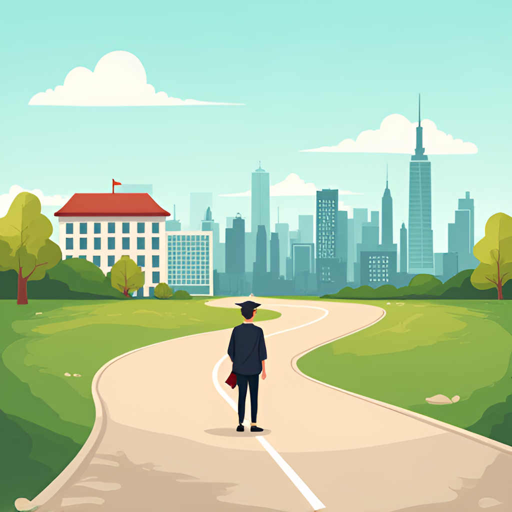 An illustration depicting a student standing at a fork in the road after graduation, one path leading to a university building and the other to a city skyline representing career opportunities, symbolizing future choices