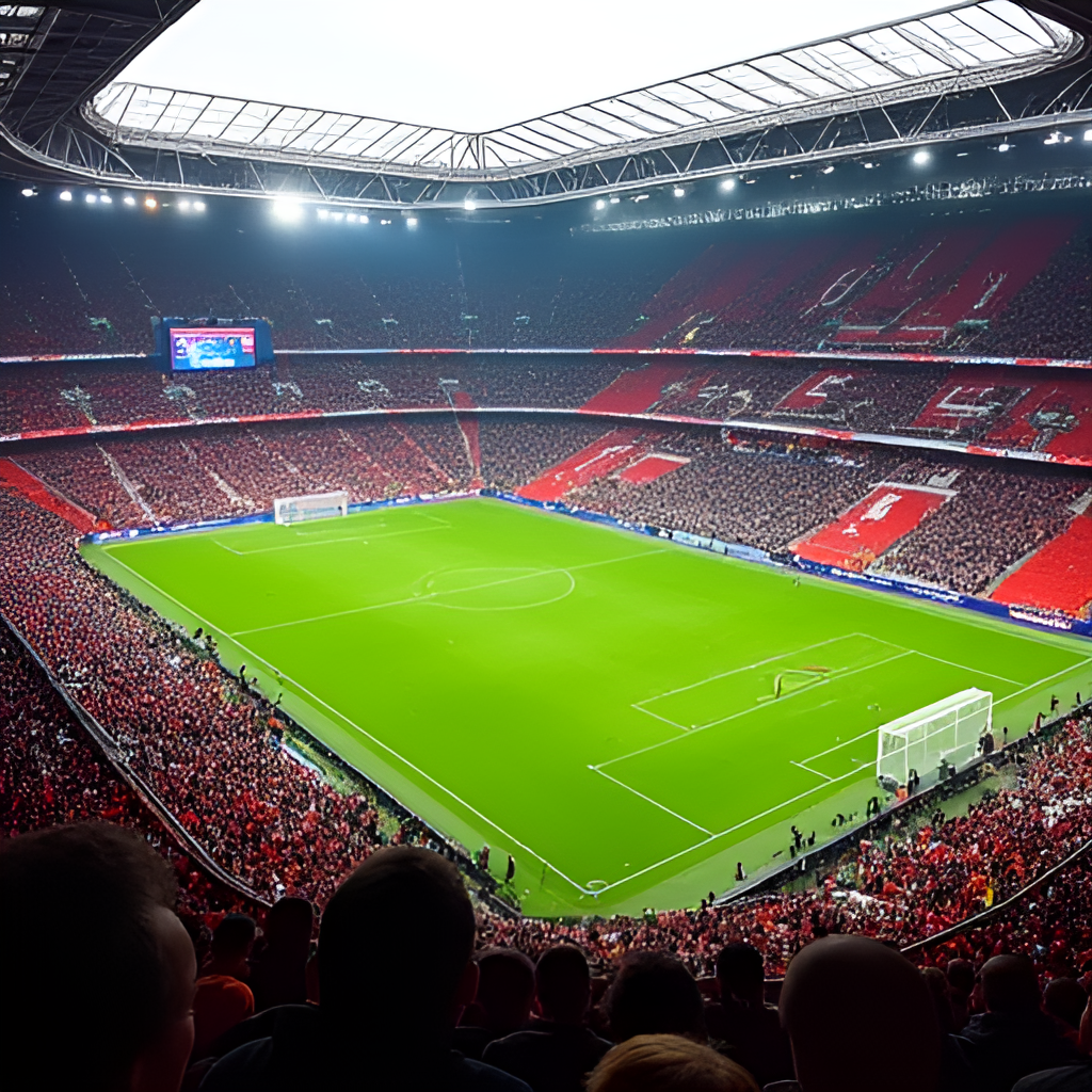 An aerial view of a football stadium filled with supporters, divided by team colors (Rennes red and black on one side, Nice red and black on the other), showing the vibrant atmosphere before a match