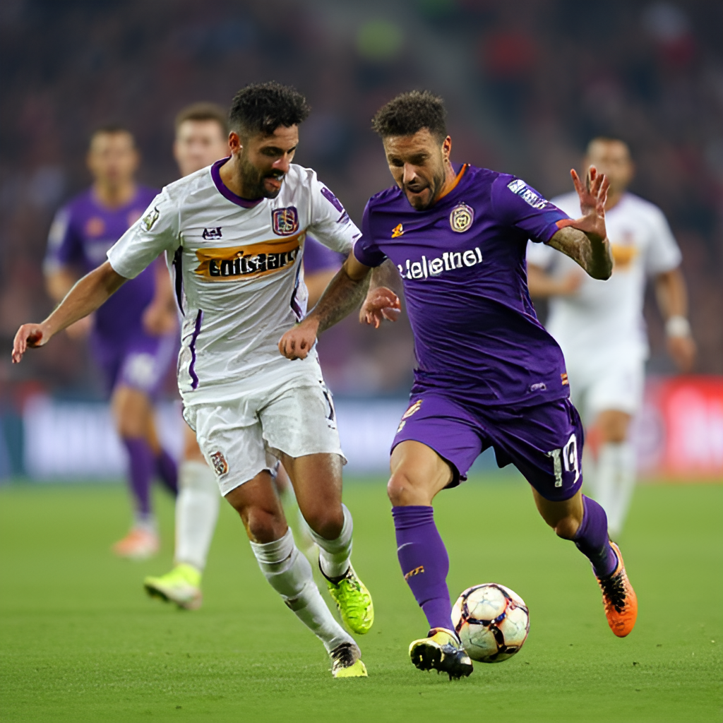 An action shot of a key moment in a historic match for Fiorentina, perhaps a goal celebration against a major rival or a defensive block in a tense game, capturing the intensity on the field.