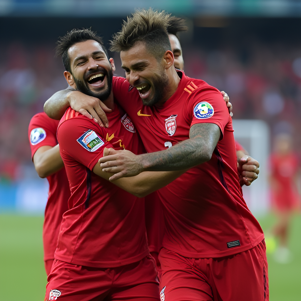 A close-up, action shot of a prominent Al Hilal player (e.g., Neymar or Mitrovic) celebrating a goal with teammates, showing their emotion and the team's unity. The focus is on the players, with a blurred stadium background.