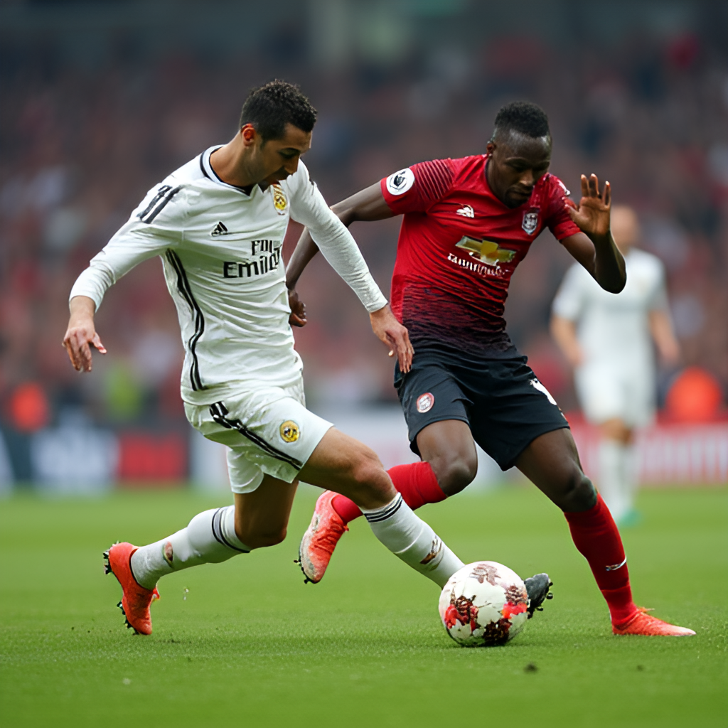 A close-up, action-oriented shot of a football player (likely Cristiano Ronaldo or Sadio Mane, if depicting Al Nassr) taking a powerful shot on goal, with a defender from the opposing team attempting to block. Focus is on the ball and the player's intensity.