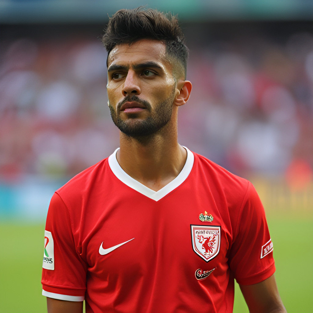 A portrait of Saddil Ramdani in his national team kit, looking determined and focused, set against a blurred background of a football pitch