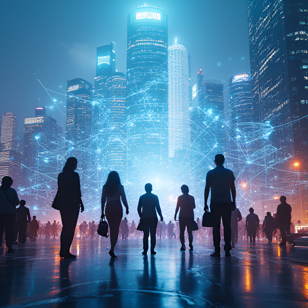 A futuristic cityscape with digital overlays and network connections, symbolizing the digital transformation of Indonesia, with diverse people interacting seamlessly through technology in the foreground, modern and dynamic style
