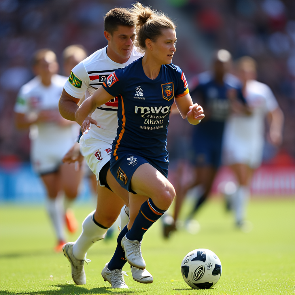 A dynamic action shot of a Melbourne Victory player in a navy blue kit dribbling past an opponent during an A-League match, showcasing the intensity of the game