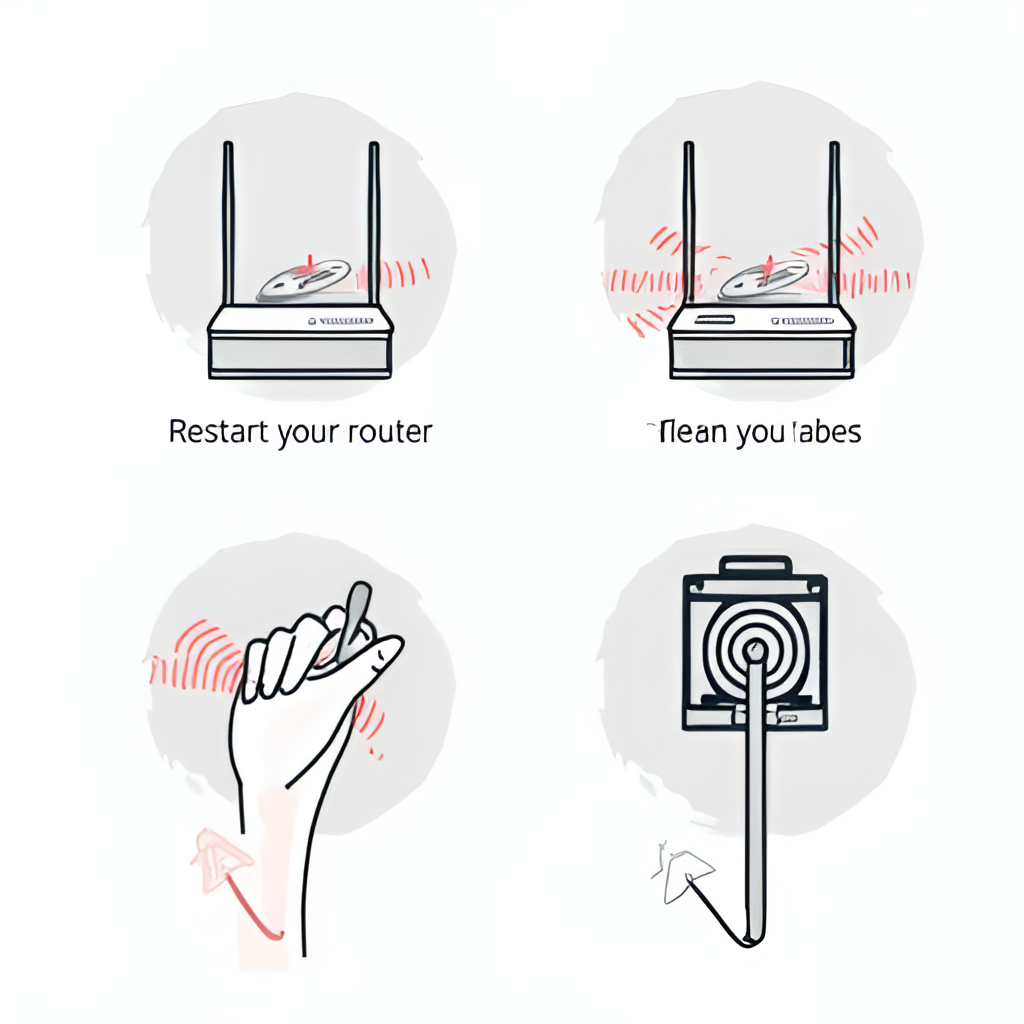 A hand performing basic troubleshooting steps like restarting a router, checking cables, or cleaning a computer fan, depicted in a clear, helpful visual style.