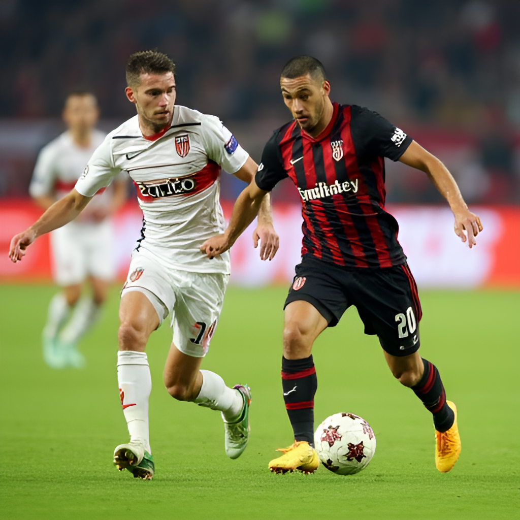 A dynamic action shot of a football player (generic, not specific to Milan or Monza) attempting a dribble or pass in a midfield battle, representing the tactical clash discussed in the article.