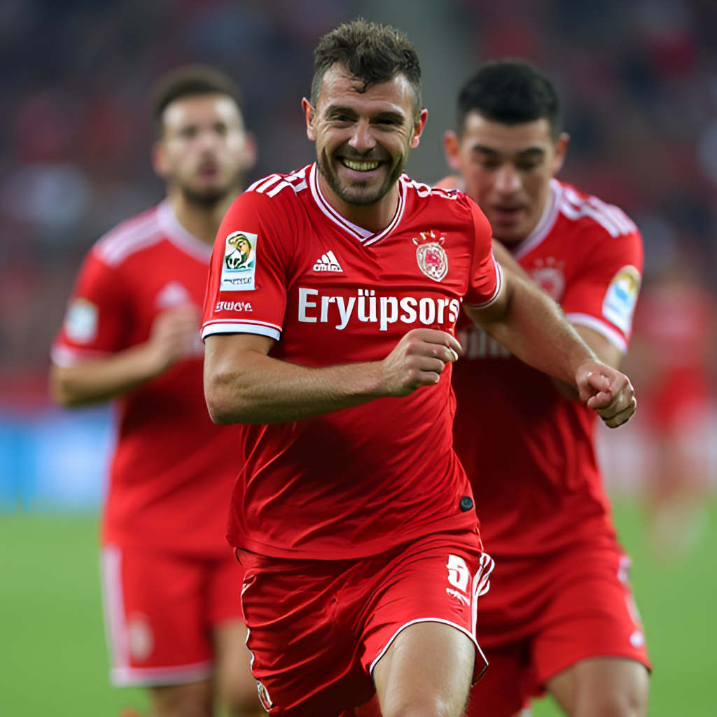 A portrait-style action shot of a key Eyüpspor player celebrating a goal with teammates, highlighting the team's spirit and the joy of their recent success, perhaps with Arda Turan visible in the background.