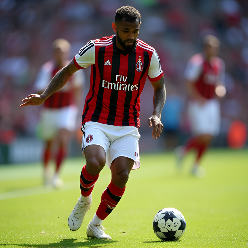 A close-up shot of a football player in an AC Milan or AC Monza jersey dribbling the ball during a match, showing focus and dynamic movement