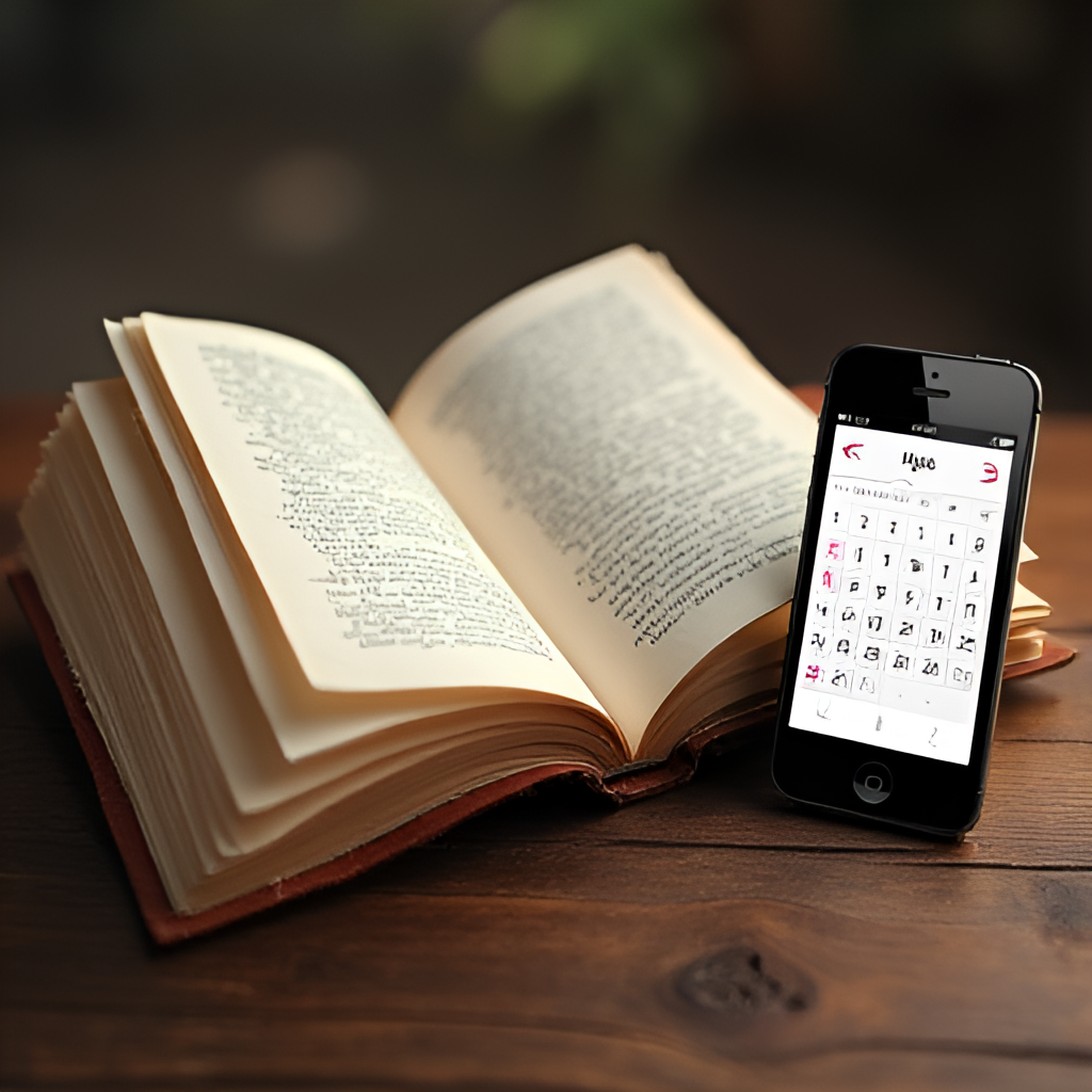 A modern image showing a traditional Javanese calendar or 'primbon' book open, next to a smartphone displaying a digital Javanese calendar app, symbolizing the bridge between tradition and technology.