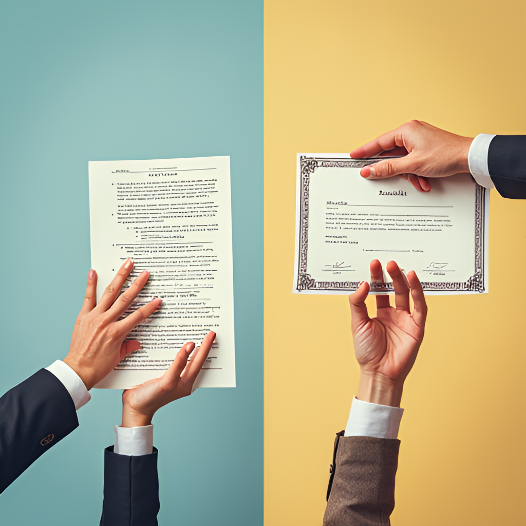 A split image or collage showing two scenes: one side depicts a hand holding a resume or laptop, looking worried, while the other side shows a hand holding a certificate or a tool, looking hopeful, representing the transition and search for new opportunities after a layoff.