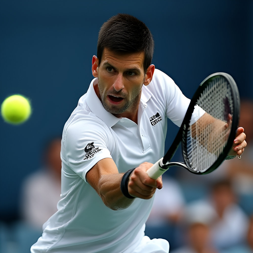 A dynamic shot capturing Novak Djokovic during a powerful forehand swing, showing his intense focus and athletic form.