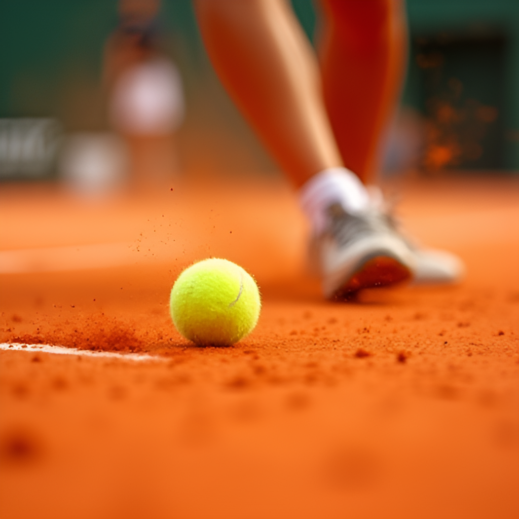 A close-up, action shot of a tennis player sliding on a red clay court at Roland Garros, with clay dust flying up around their feet and the ball in motion