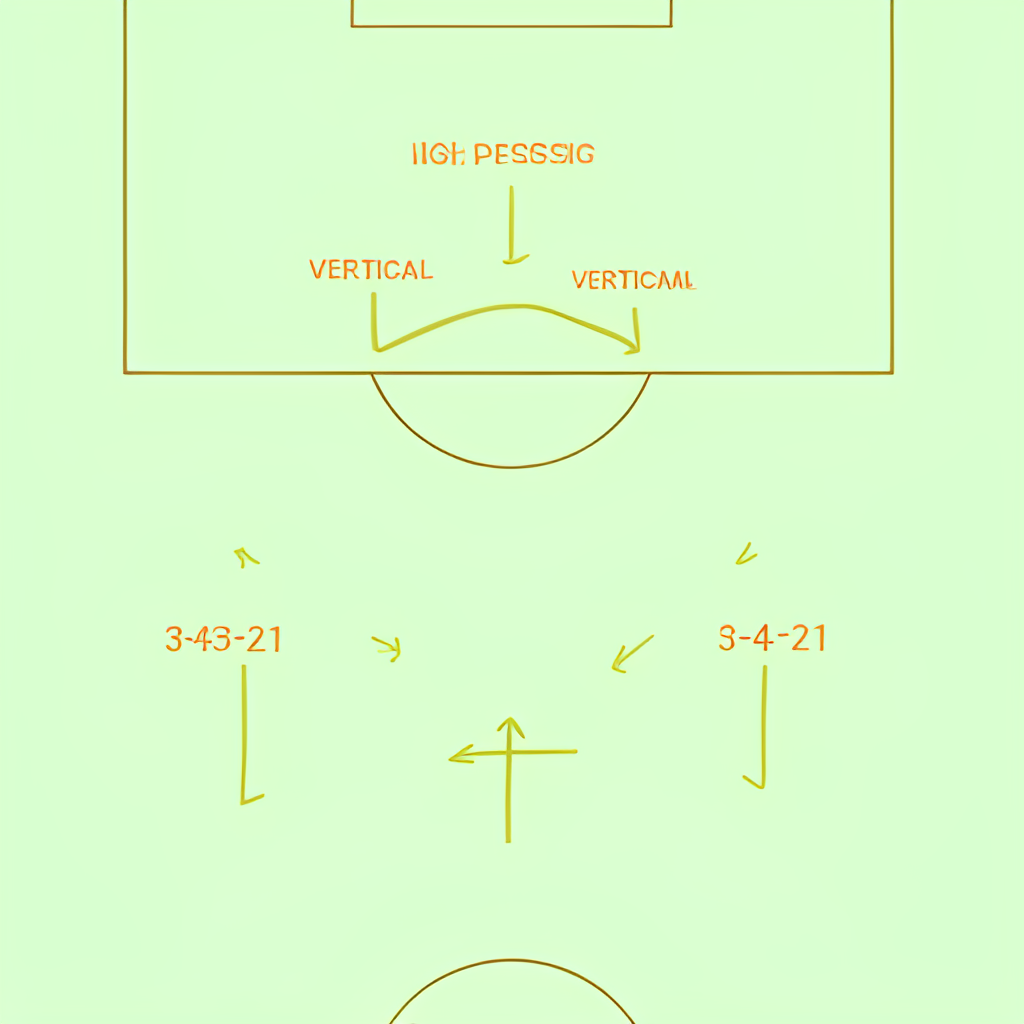 A tactical diagram showing a football team's formation, specifically a 3-4-2-1 or 3-5-2 shape, with arrows indicating high pressing and vertical play, representing Igor Tudor's typical tactics.
