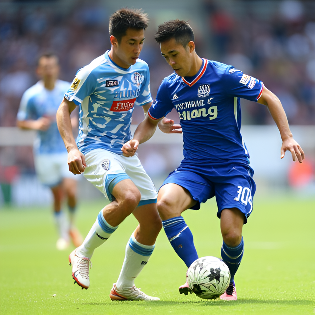 A dynamic action shot of a Yokohama FC player in blue challenging an opponent for the ball during a J.League match.