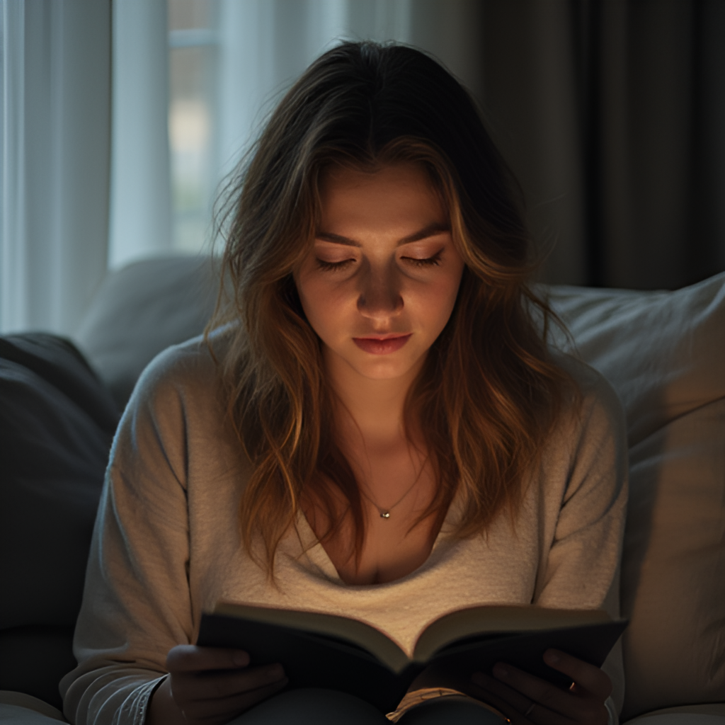 A person finding solace or distraction in a positive activity, perhaps reading a book or engaged in a hobby, with a subtle background hint of communication technology (like a phone or laptop), symbolizing coping mechanisms for intense longing.