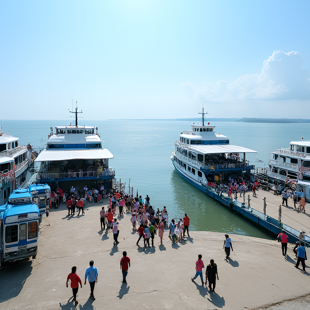 A vibrant scene at Pelabuhan Merak, showing ferries docked with vehicles loading/unloading, people walking, and the sea in the background, conveying activity and connectivity.