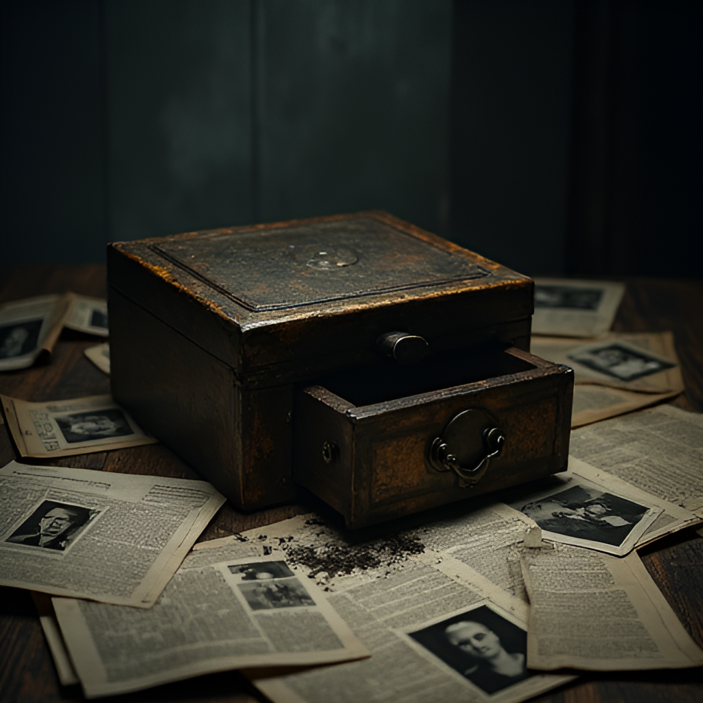 A metaphorical image illustrating secrets and a troubled past: a lockbox slightly ajar with dark shadows spilling out, surrounded by scattered old photographs and newspaper clippings related to past events, possibly hinting at criminal activities, set against a dark, mysterious background with subtle hints of a Southern Gothic or mysterious atmosphere.