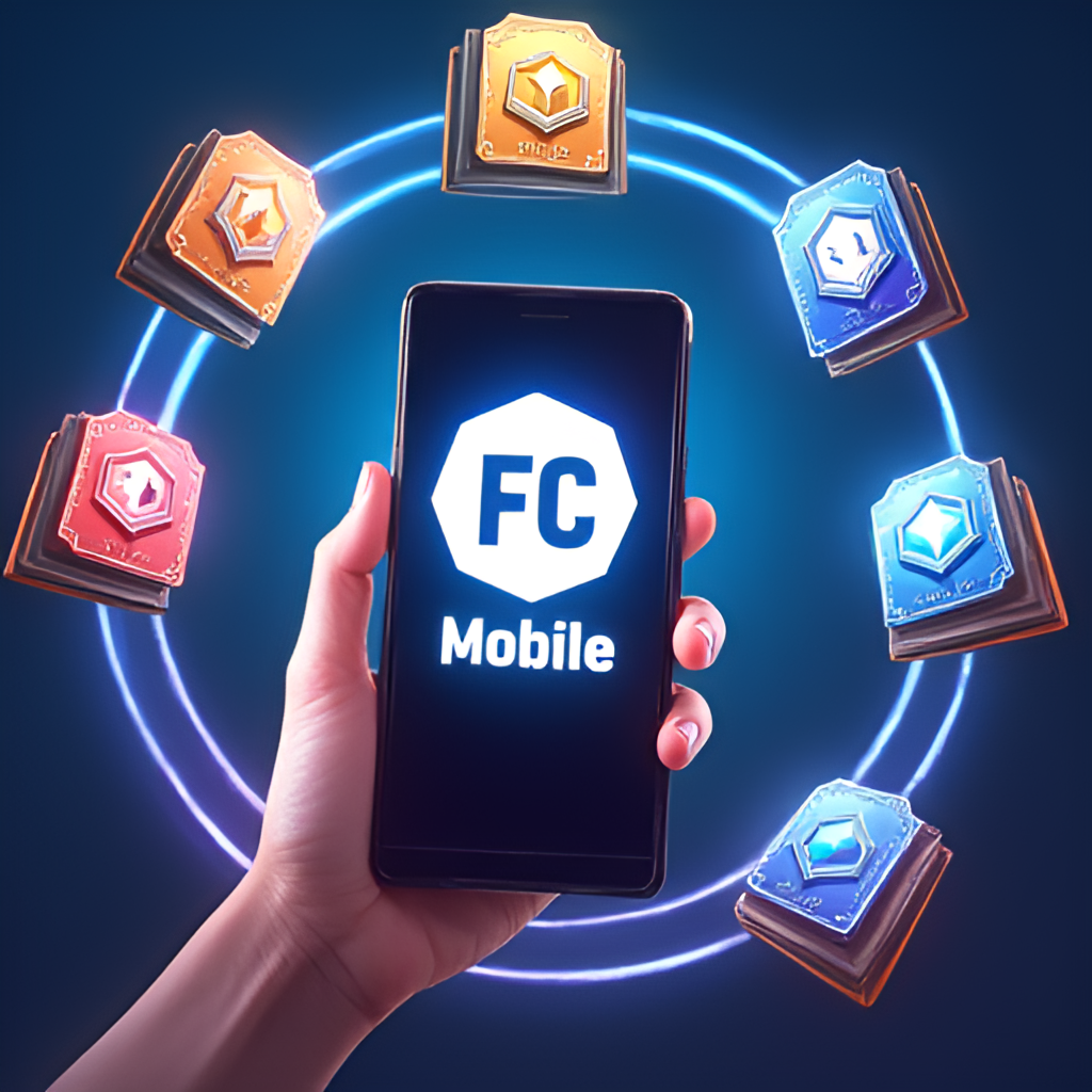 A graphic showing a hand holding a smartphone with the FC Mobile logo prominently displayed, surrounded by icons representing in-game items like player cards, coins, gems, and packs, illustrating the game's reward system.