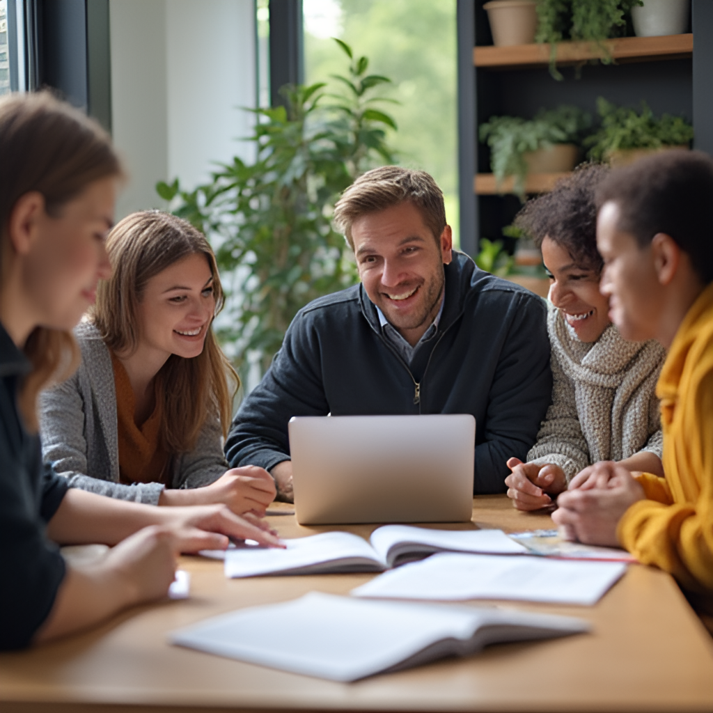 A group of diverse teachers sitting together, discussing and collaborating around a table with books and laptops, representing a study group or professional learning community.