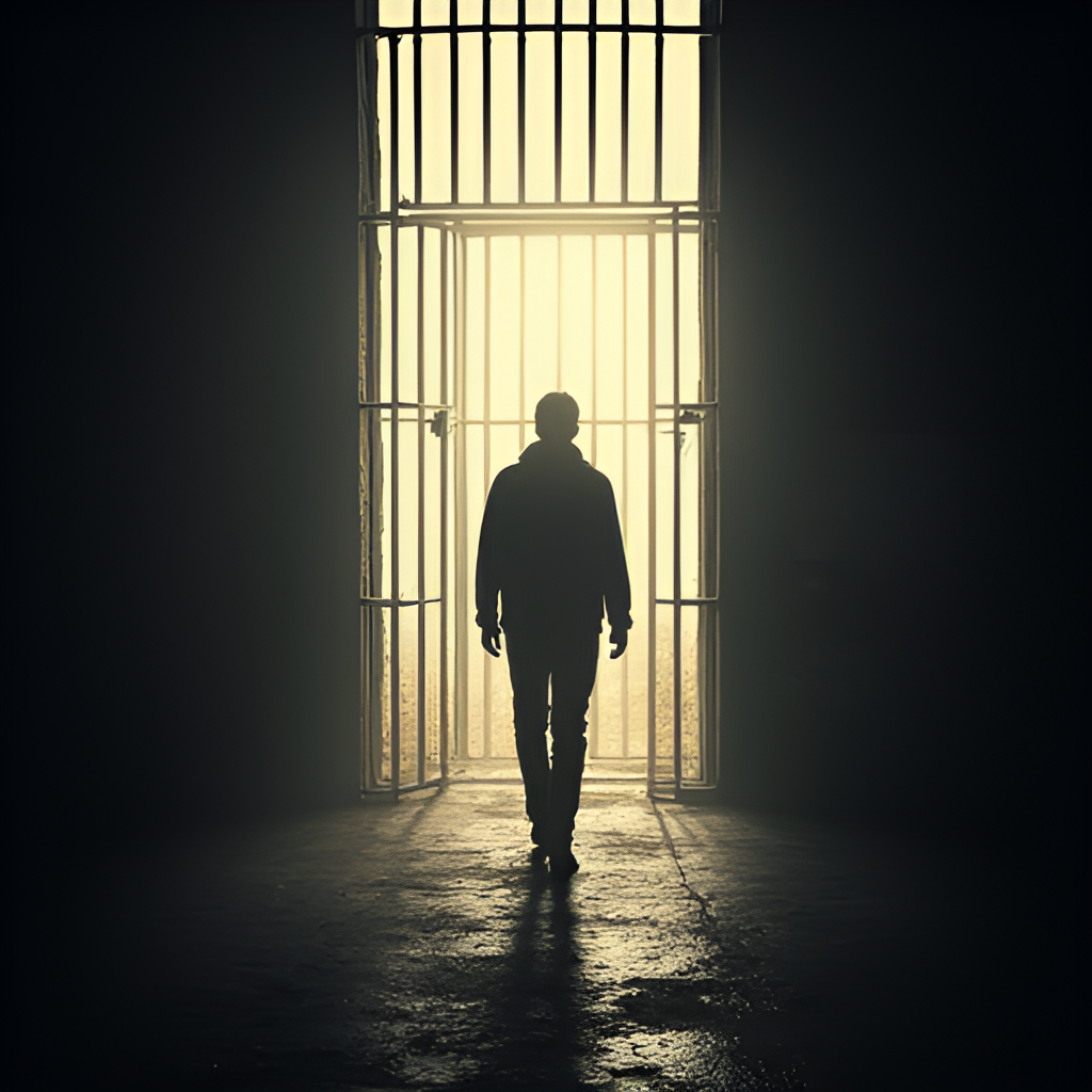 A conceptual image showing a silhouette of a person walking towards the light outside prison bars, representing conditional release and regaining freedom.