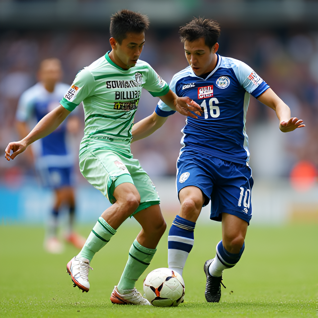 A dynamic close-up action shot of two football players, one in Shonan Bellmare's kit and one in Machida Zelvia's kit, challenging for the ball in a J.League match.