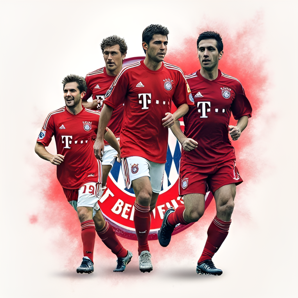 A photo collage featuring iconic Bayern Munich players from different eras: Franz Beckenbauer, Gerd Muller, Oliver Kahn, Philipp Lahm, and Thomas Muller, in a dynamic layout with the club crest faintly visible in the background, photographic style