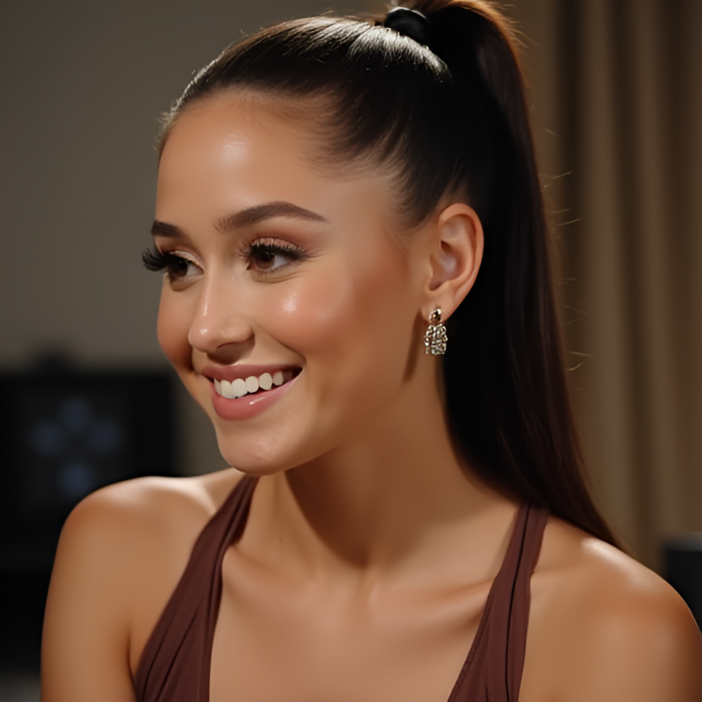 A more intimate, close-up portrait of Ariana Grande, showing her signature ponytail and a warm, genuine smile, perhaps in a relaxed setting like a recording studio or interview. Style: candid portrait.