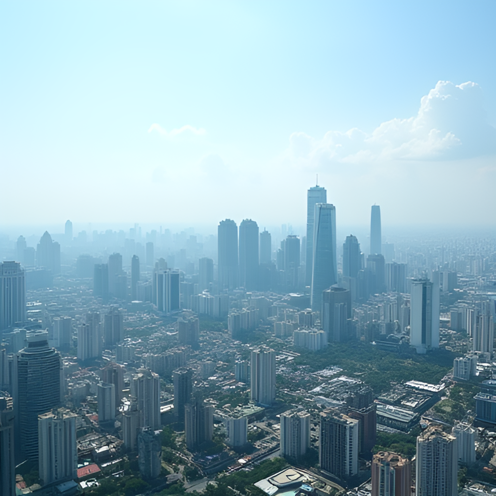 Panoramic view of Jakarta city skyline from the observation deck at the top of Monas on a clear day, showing various buildings and urban landscape below