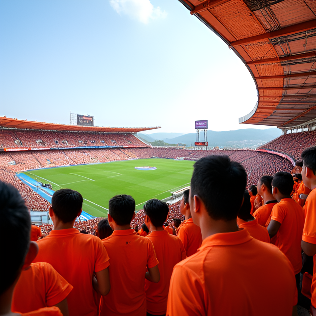A vibrant photo capturing the atmosphere inside Jeju World Cup Stadium during a Jeju United FC match, showing enthusiastic fans in orange cheering, with the unique stadium roof architecture visible and a hint of the coastal landscape in the background.
