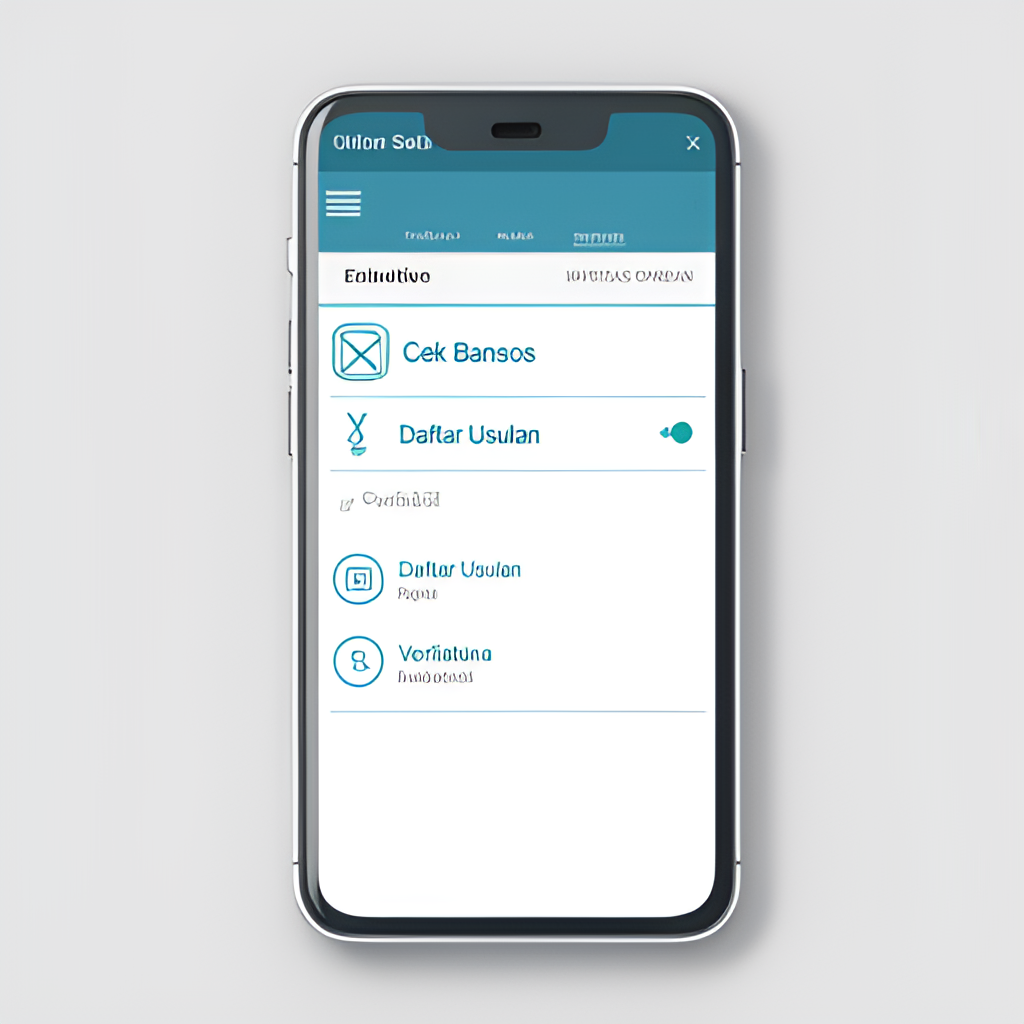 Visual representation of the Cek Bansos mobile application interface on a smartphone screen, displaying menu options including 'Cek Bansos' and 'Daftar Usulan', with a verification process icon.