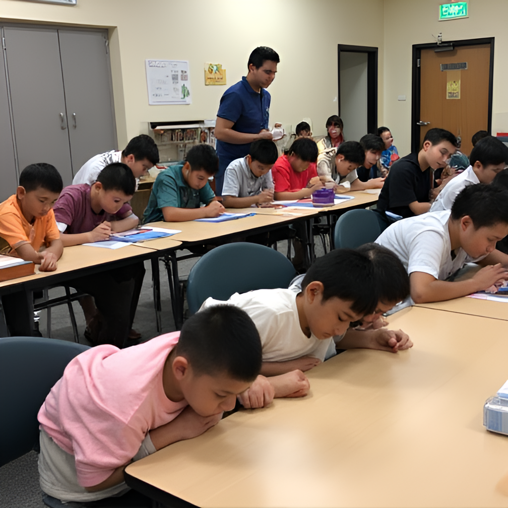 A diverse group of people, including adults and children, practicing earthquake drill: 'Drop, Cover, and Hold On' under sturdy tables, showing preparedness and awareness. The scene is indoors, perhaps in a school or office, with clear signage for emergency exits.