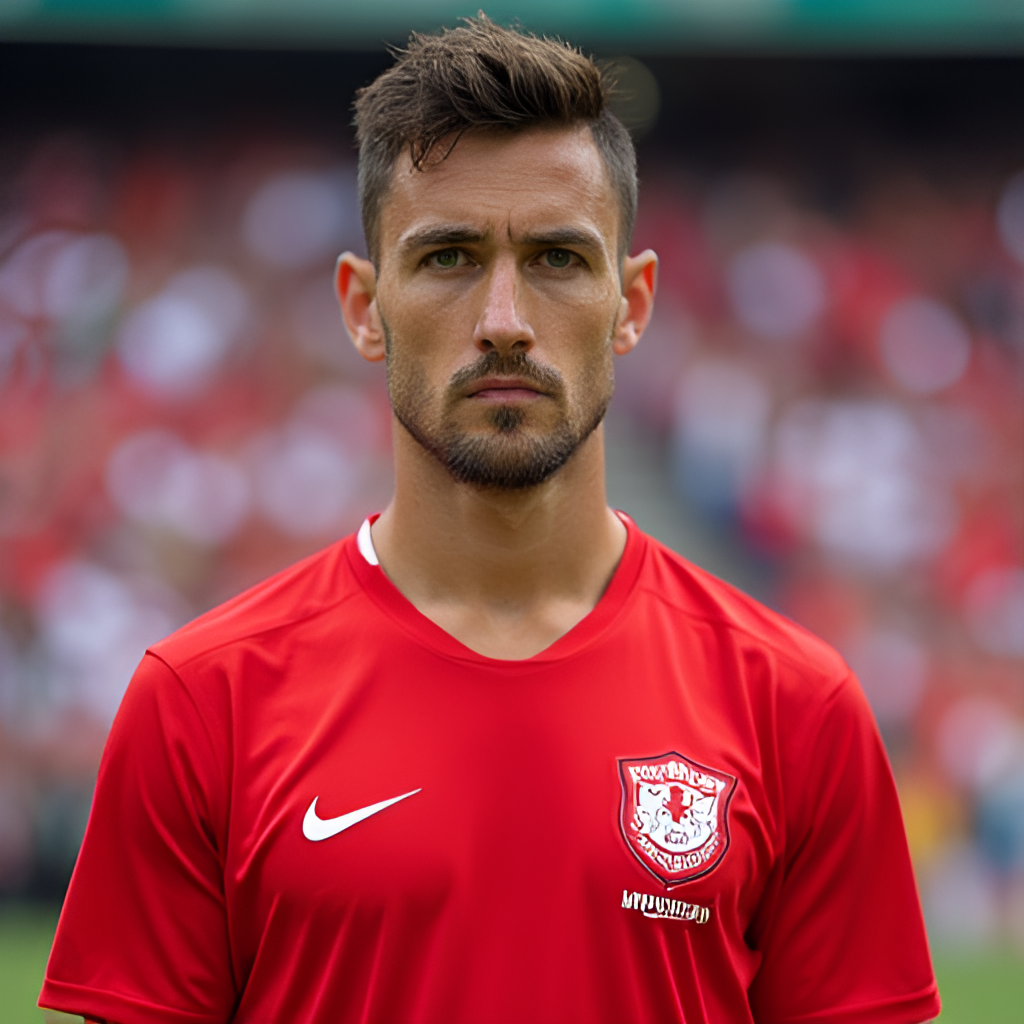 A close-up, determined portrait of Kevin Diks wearing the Indonesian national team jersey, with a blurred stadium crowd in the background, conveying pride and focus.