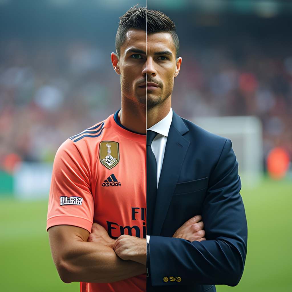 A portrait of Cristiano Ronaldo, split into two halves: one side showing him in his football kit on the pitch, and the other side showing him in a business suit, symbolizing his dual identity as an athlete and an entrepreneur, with subtle hints of his CR7 brand elements in the background.