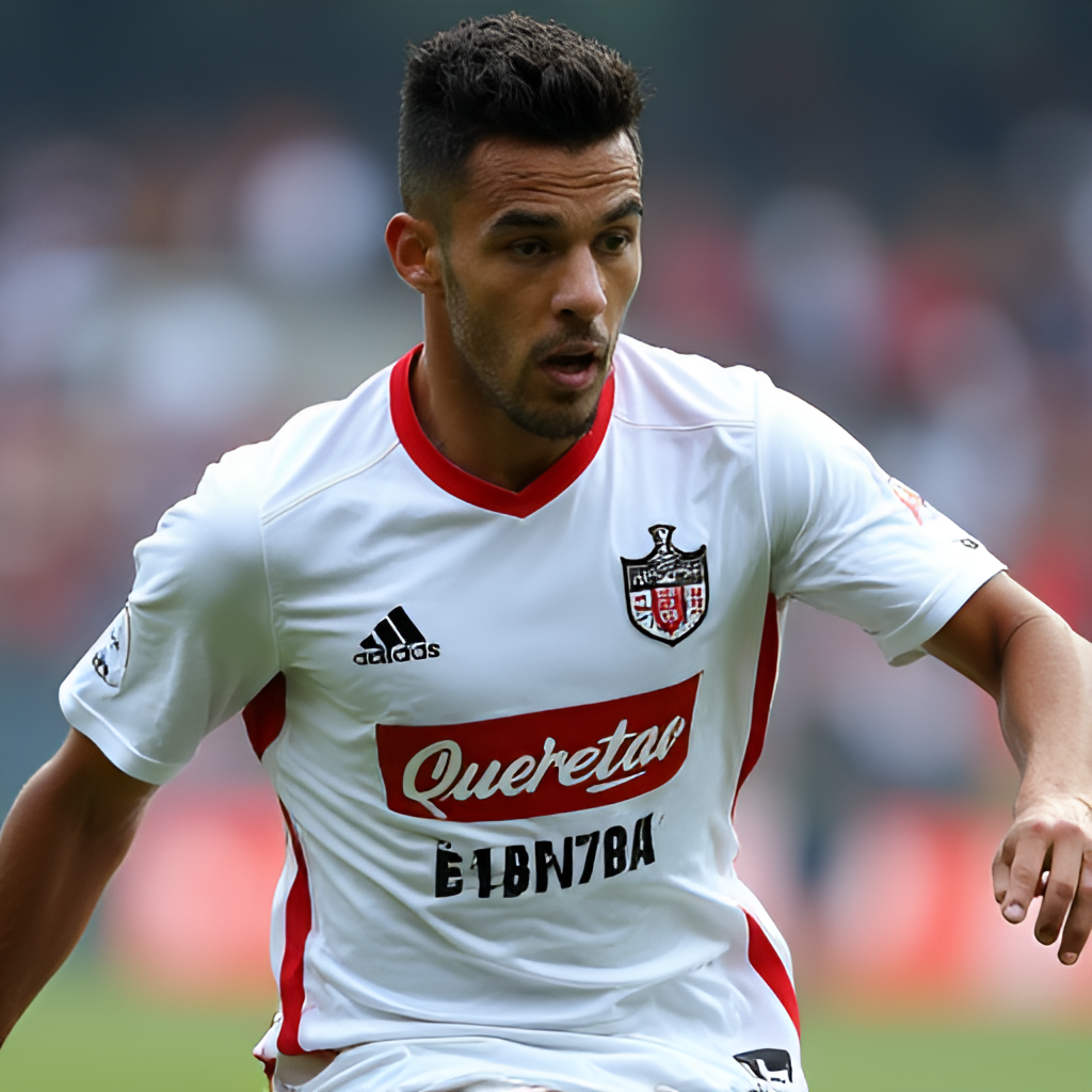 A close-up, intense action shot of a soccer player in a Querétaro FC (Gallos Blancos) jersey, in motion, perhaps dribbling or making a pass, with a determined expression. The background is slightly blurred to emphasize the player, hinting at the Estadio Corregidora stands.
